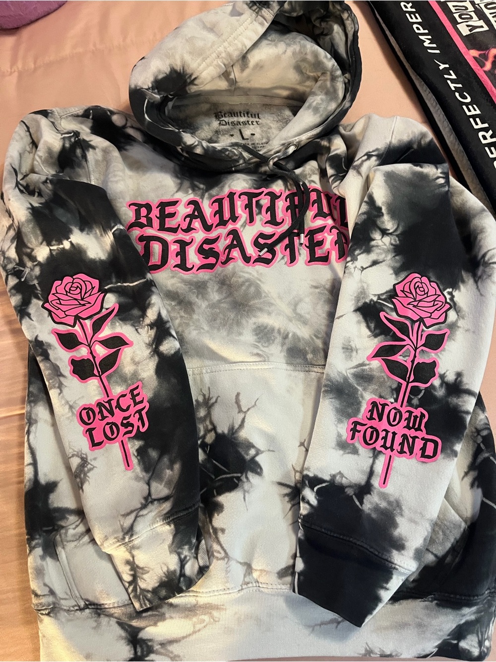 Beautiful Disaster Women's Black & White Tie-Dye Hoodie with Pink Rose Graphics